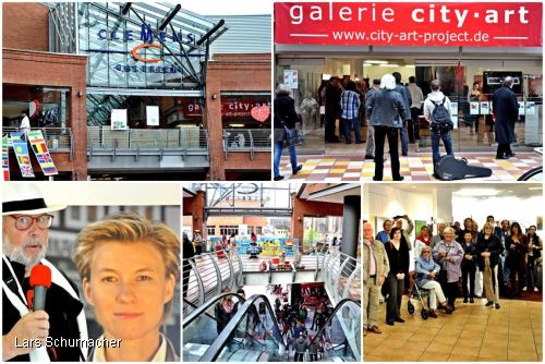 Interesse an der Kunst aus Hannover; Besucher der galerie city art (Clemens Galerien Solingen) unter ihnen auch Hans-Georg Wenke vom Kulturradio Solingen beim Interview zur Ausstellung